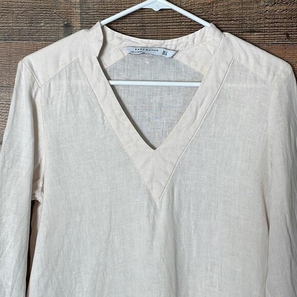 Zara Woman Linen Crop Sleeve V-Neck Dress Pale Pink Size Small - Picture 2 of 9